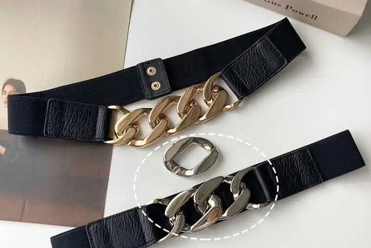 Cinto Largo Feminino Elástico com Detalhe em Couro