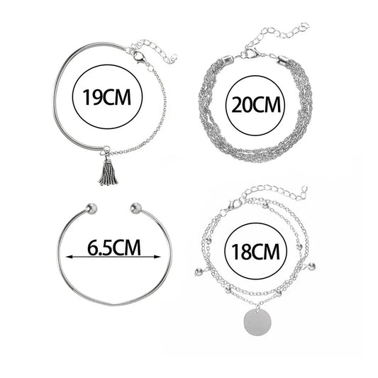 Pulseira Conjunto 4 Peças com Camadas e Detalhes em Prata