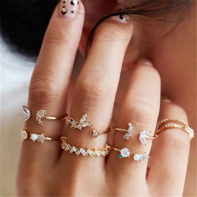 Conjunto de Anéis Prata – Zircônia com Lua, Flor e Coração