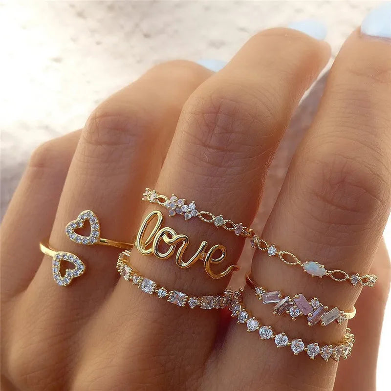 Conjunto de Anéis Prata – Zircônia com Lua, Flor e Coração