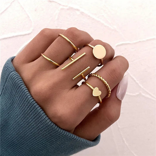 Conjunto de Anéis Midi – Dourado Vintage Coração e Geométricos