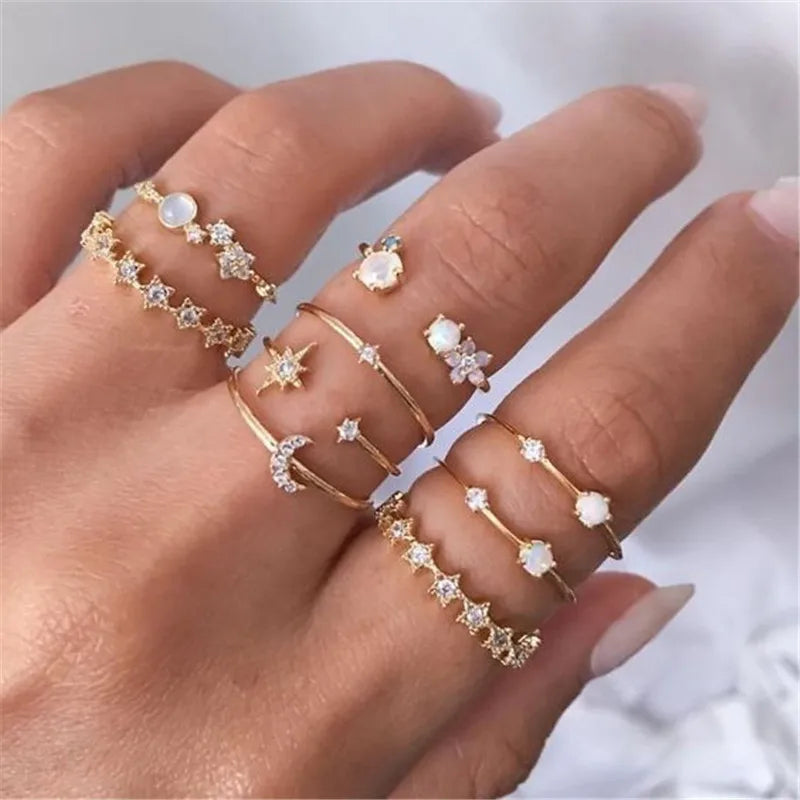 Conjunto de Anéis Prata – Zircônia com Lua, Flor e Coração
