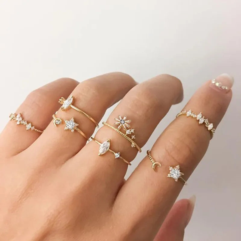 Conjunto de Anéis Prata – Zircônia com Lua, Flor e Coração