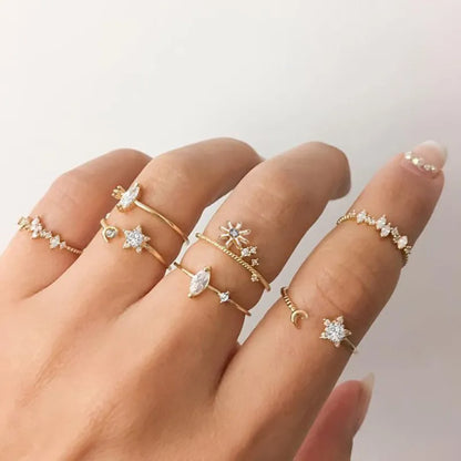 Conjunto de Anéis Prata – Zircônia com Lua, Flor e Coração