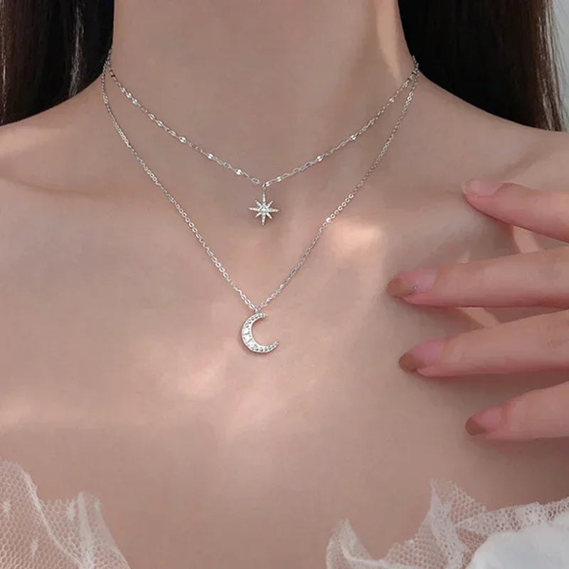 Colar Duplo Prata – Lua e Estrela