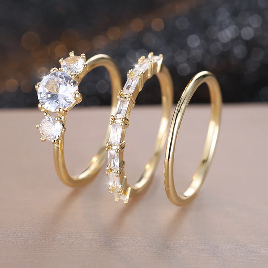 Conjunto 3 Anéis Luxo – Zircônia Branca Dourado