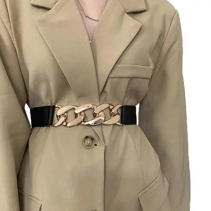 Cinto Largo Feminino Elástico com Detalhe em Couro
