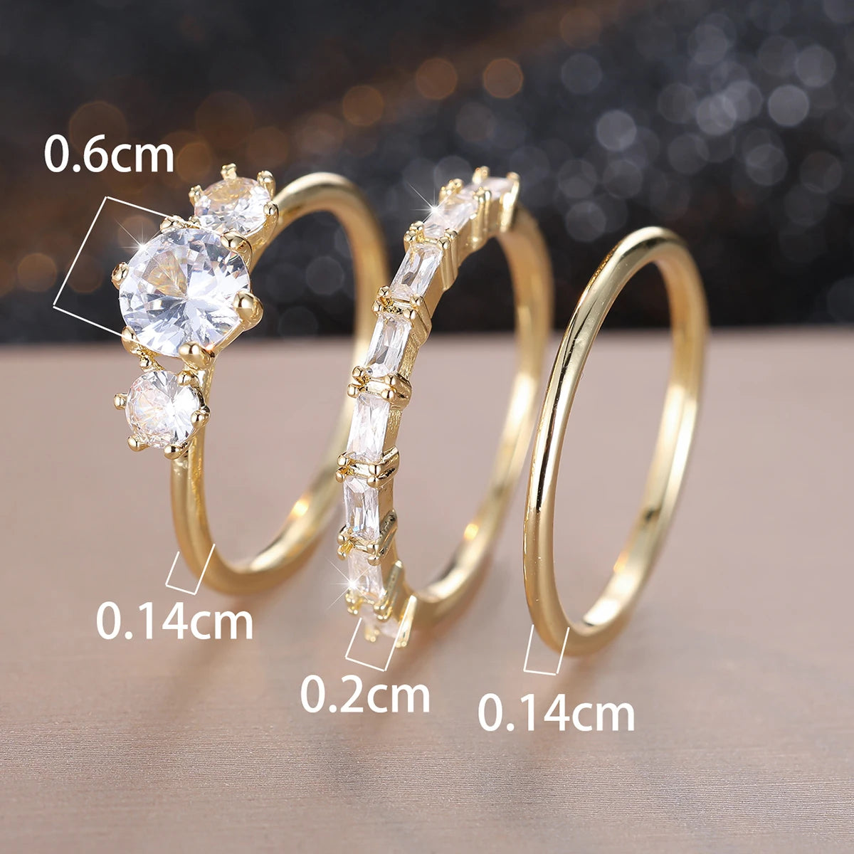 Conjunto 3 Anéis Luxo – Zircônia Branca Dourado