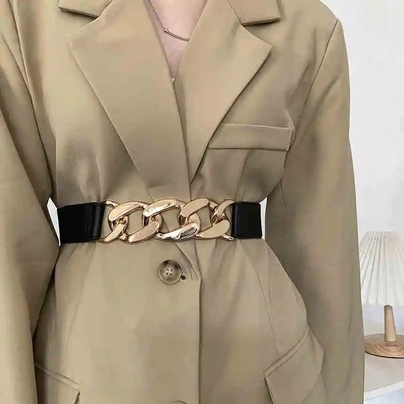 Cinto Largo Feminino Elástico com Detalhe em Couro