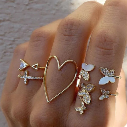 Conjunto de Anéis Prata – Zircônia com Lua, Flor e Coração