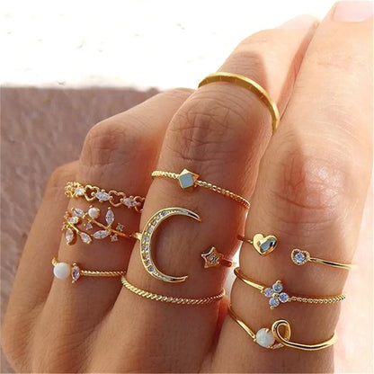 Conjunto de Anéis Prata – Zircônia com Lua, Flor e Coração
