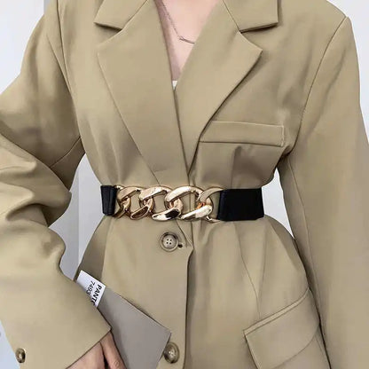 Cinto Largo Feminino Elástico com Detalhe em Couro