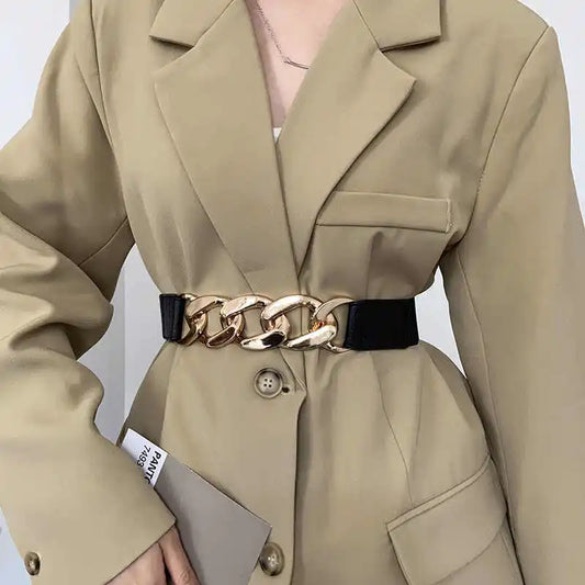 Cinto Largo Feminino Elástico com Detalhe em Couro