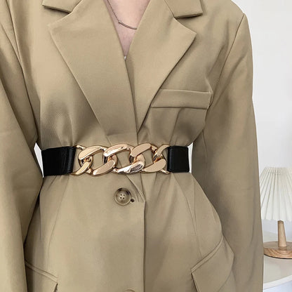 Cinto Largo Feminino Elástico com Detalhe em Couro
