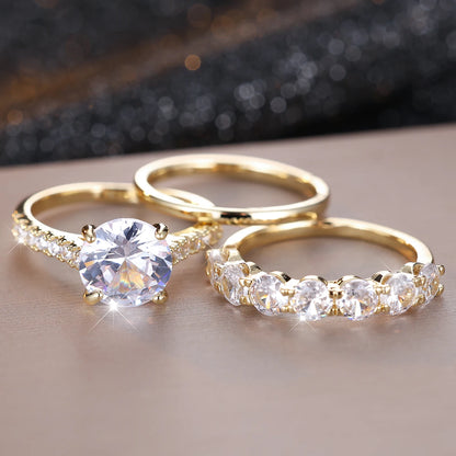Conjunto 3 Anéis Luxo – Zircônia Branca Dourado