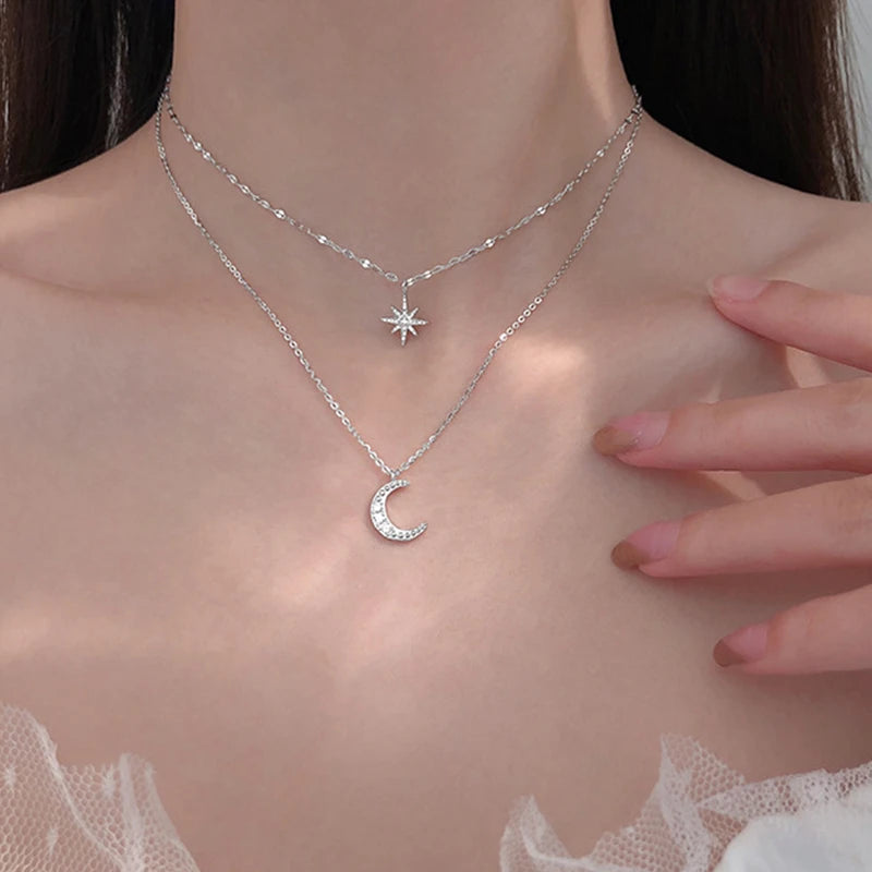 Colar Duplo Prata – Lua e Estrela