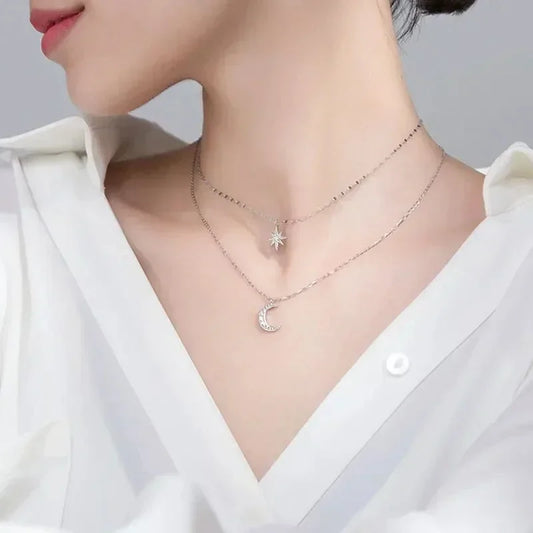 Colar Duplo Prata – Lua e Estrela