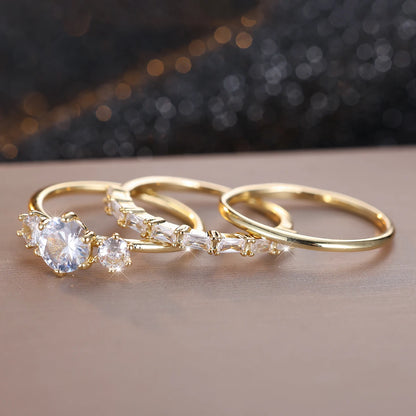 Conjunto 3 Anéis Luxo – Zircônia Branca Dourado