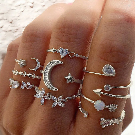 Conjunto de Anéis Prata – Zircônia com Lua, Flor e Coração