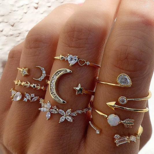 Conjunto de Anéis Prata – Zircônia com Lua, Flor e Coração