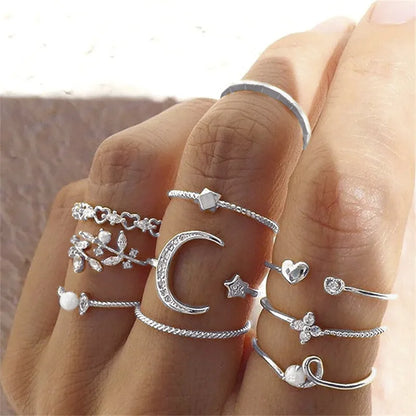 Conjunto de Anéis Prata – Zircônia com Lua, Flor e Coração