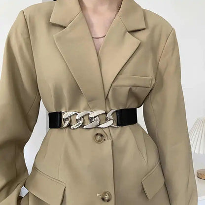 Cinto Largo Feminino Elástico com Detalhe em Couro