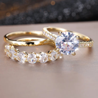 Conjunto 3 Anéis Luxo – Zircônia Branca Dourado