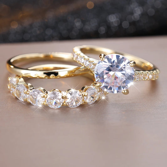 Conjunto 3 Anéis Luxo – Zircônia Branca Dourado