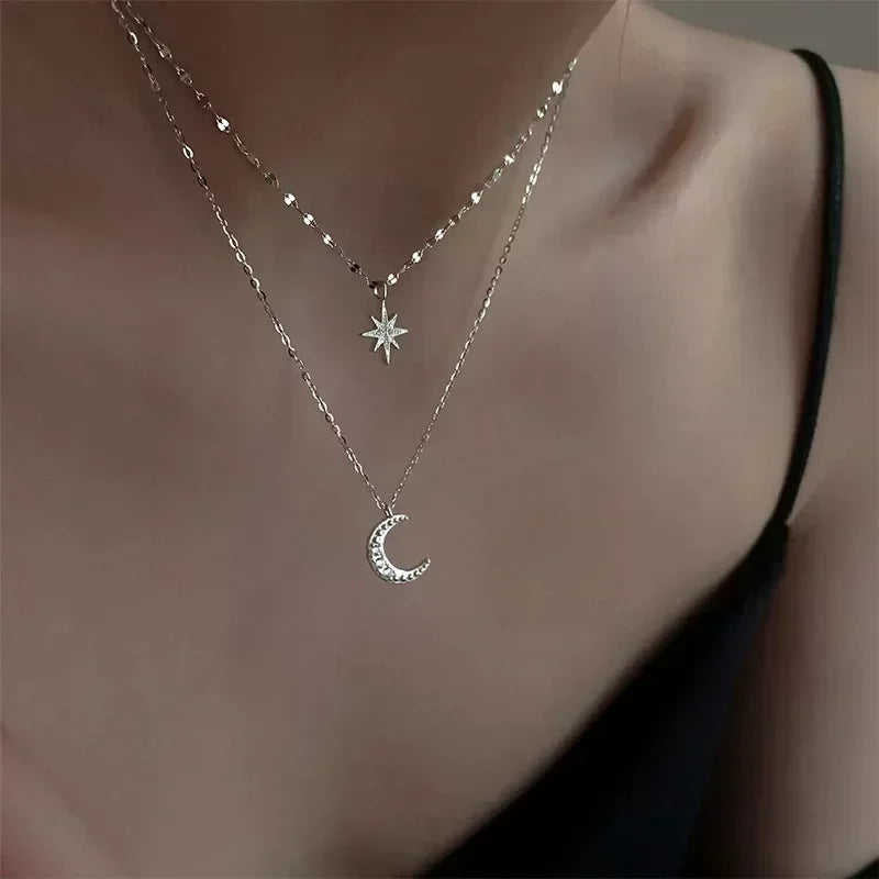 Colar Duplo Prata – Lua e Estrela
